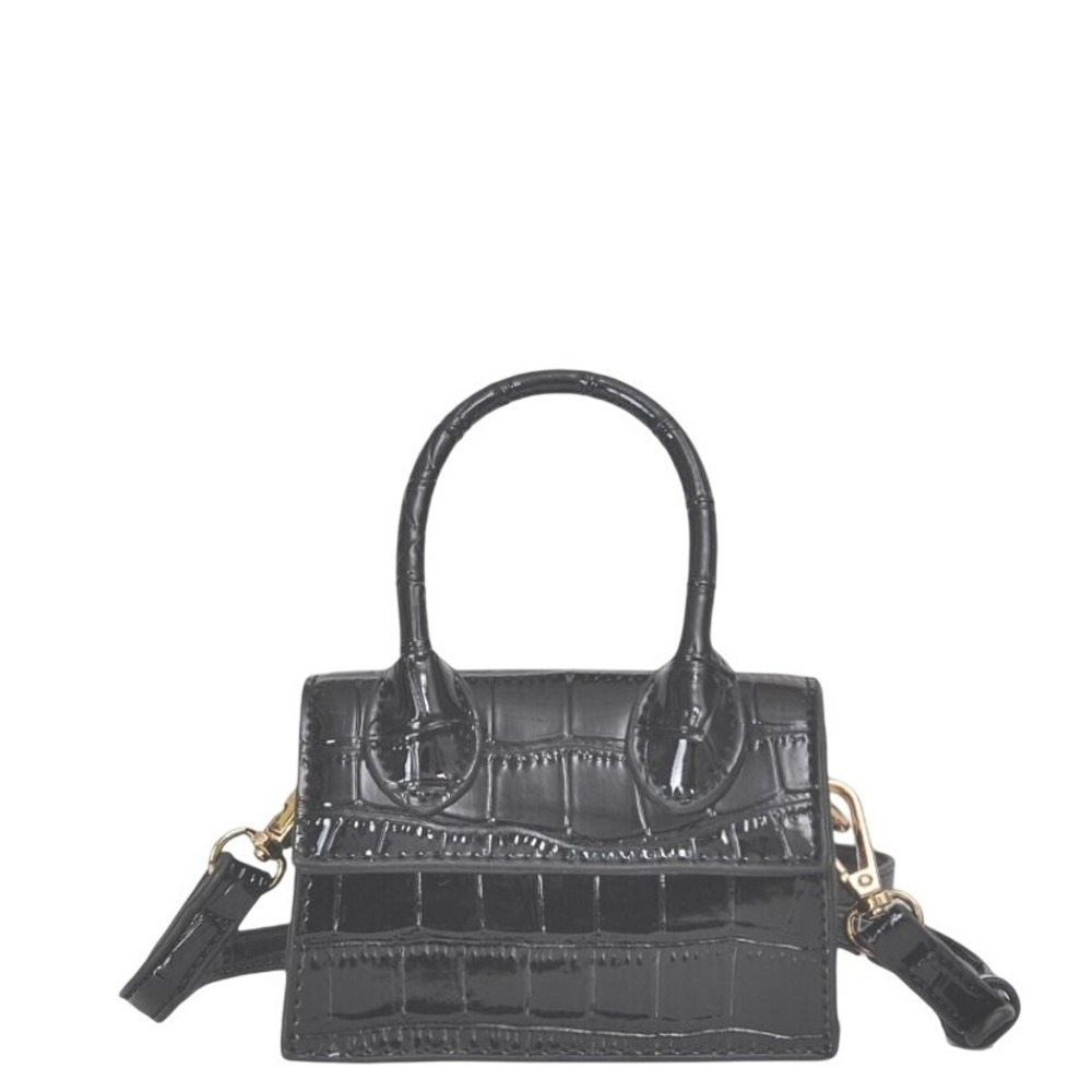 Mini Black‎ Croc Embossed Polyurethane Leather Convertible Shoulder & Handbag